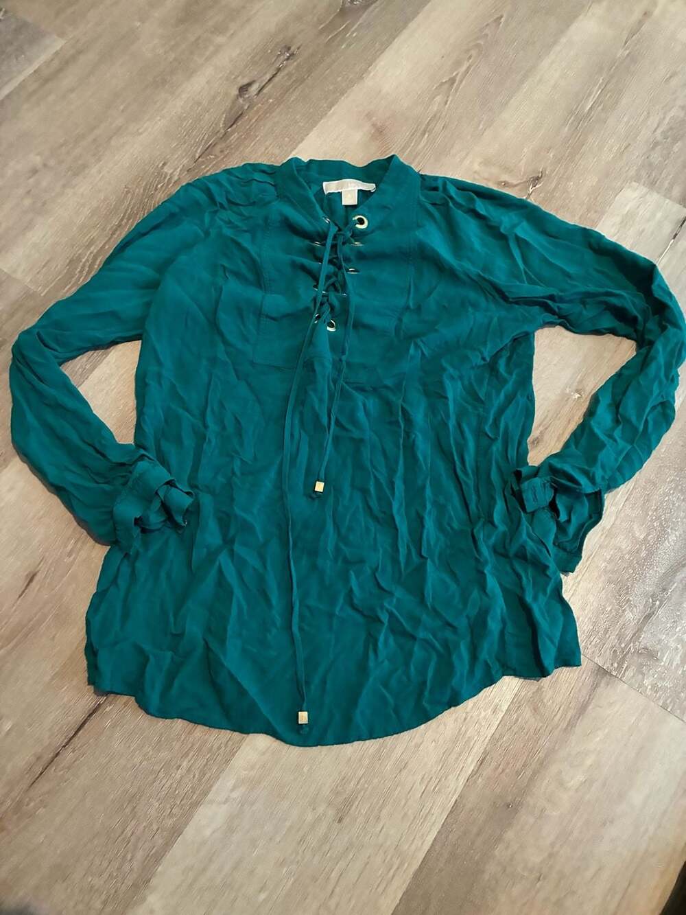 Michael Michael Kors Green Lace-Up Long Sleeve Blouse Size M